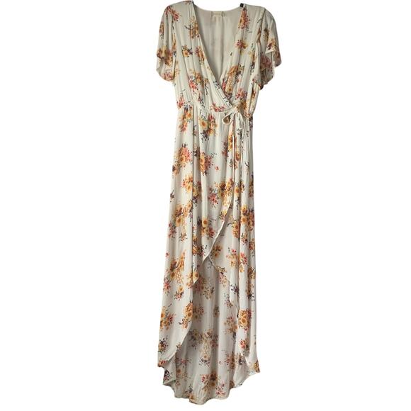 Altar'd State Cream Floral Maxi Dress Faux Wrap Tulip Skirt Size Large - Picture 1 of 16